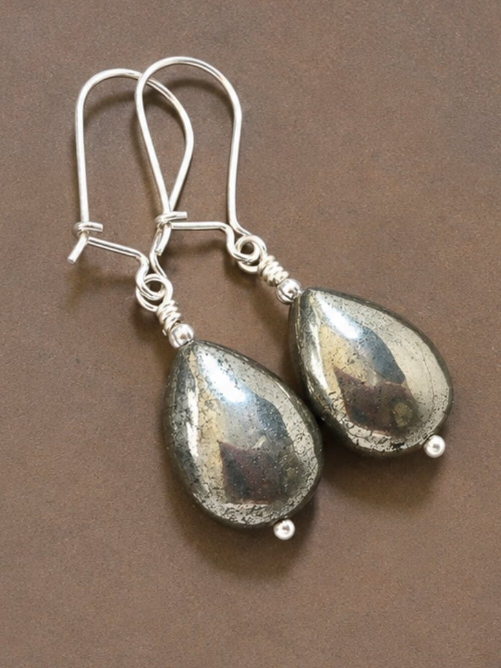 Pyrite Teardrop Earrings 925 Sterling Silver Genuine Gemstone Jewelry - Picture 7 of 10